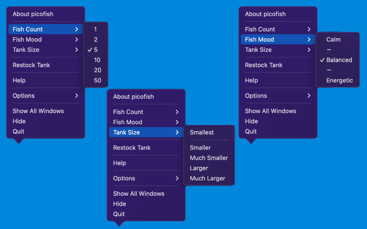 A composition of three screen captures showing the Fish Count, Fish Mood, and Tank Size menu choices.